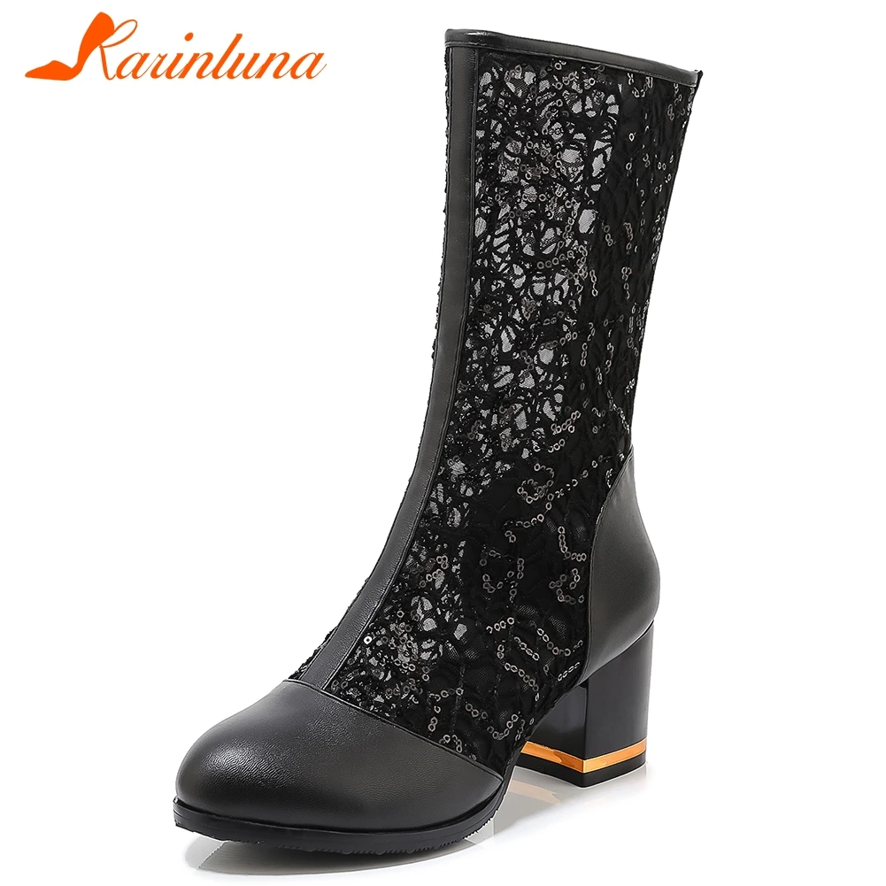 

KARINLUNA New 33-43 Ladies 2020 High Heels Boots Breathable mid-calf Mesh Boots Women Elegant Light Summer Shoes Woman
