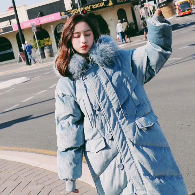 

2019 Chic Korean-style New Style Winter Gold Velvet Long down Coat Hooded Model Large Fur Collar Cotton Coat Women's