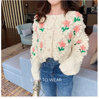 

New Sweet Thick Knit Women's Knit Sweaters Cardigan Autumn Winter Casual Flower Embroidery Kawaii Sweater Jackets Female Tops