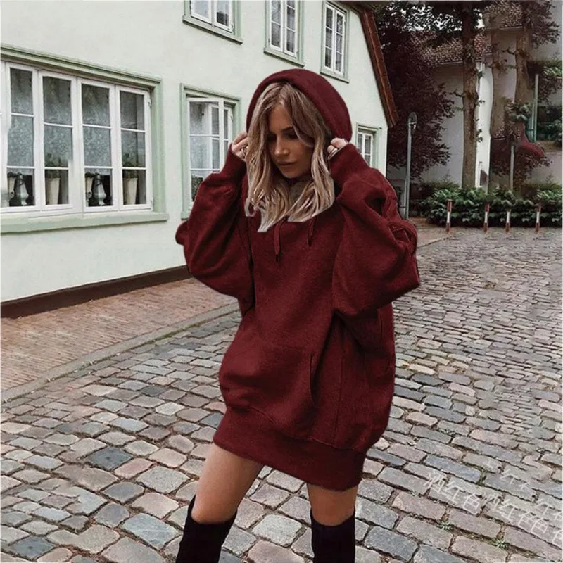  2019 Women Autumn Winter Hoodies Long Loose Thicken Hooded Drawstring Solid Color Long Sleeve Sweat