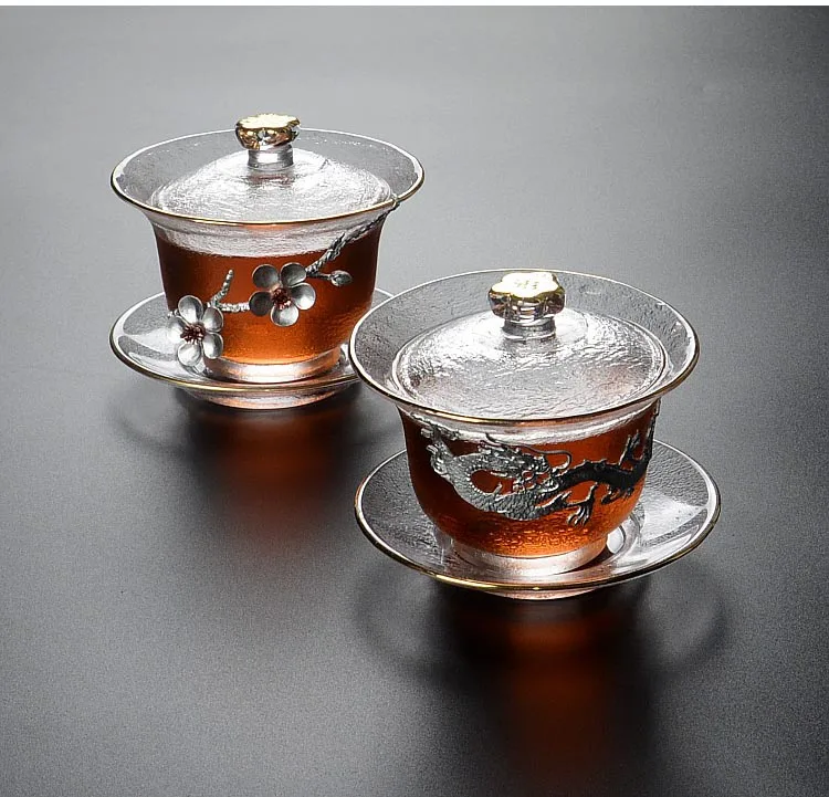 Утолщенный термостойкий прозрачный стеклянный Gaiwan креативный оловянный цветок сливы украшение китайская чайная чаша мастер чайная посуда