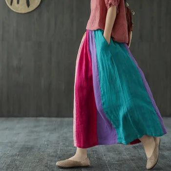 

Linen Stitching Skirt Women's Summer New Retro Loose Artistic Color Elastic Waist Medium-Length skirts girl