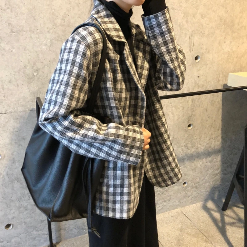 Korean Black Plaid Ladies Blazer Loose Casual Suit Jacket Long Sleeve Blazer Blanco Mujer Vintage Women's Clothing New MM60NXZ