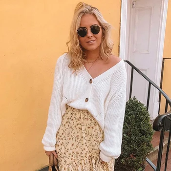 

Elegant Women Solid Knitted Cardigans Sweaters Autumn Fashion Single Breasted Jumper Top Sexy V-Neck Hollow Knitwear Female