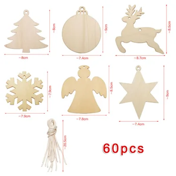 

60Pcs Wooden Hanging Ornament Pendant Christmas Tree Wall Decoration Set Gift Tag + 60Pcs Twines Durable Wood DIY Crafts Decor