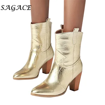 

SAGACE Shoes Women Leather Boots Snke Print Pointed Toe Square Heel Women Platform Boots Winter Ladies Boots For Winter Shoes