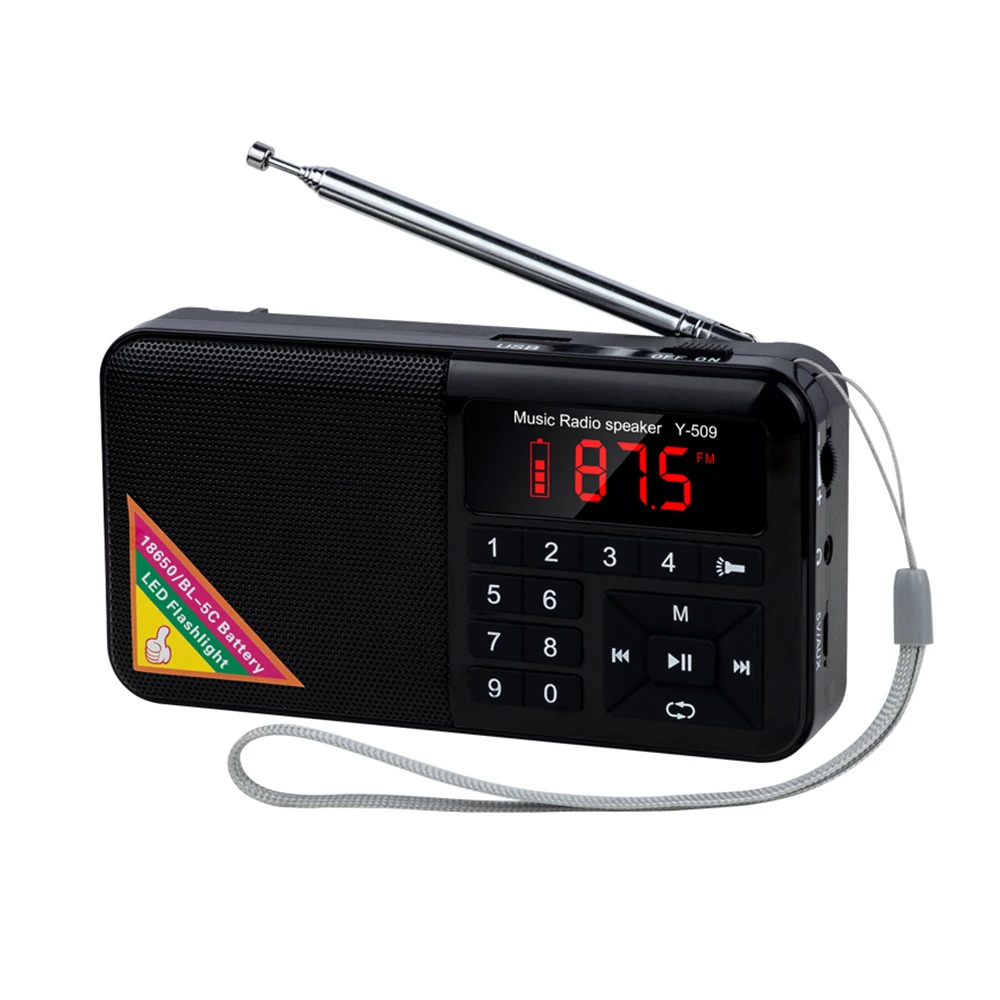 Y-509 портативный FM радио мини цифровой Raido Высокое качество динамик MP3 музыкальный плеер TF карта с светодиодный фонарик экран дисплей - Цвет: Черный
