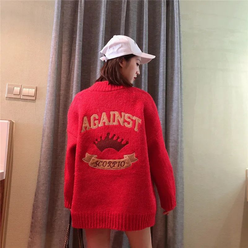 

Autumn Winter Cardigan Long Sleeve V-neck Letter Embroidery Sweater Women Loose Large Size Coats Thick Knitted Sweaters Female