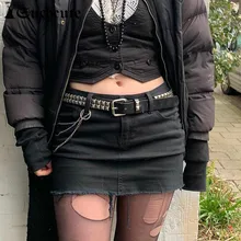 

SUCHCUTE Gothic Solid Mini Skirt With Chain Women Dark Academic Streetwear Skirts Sexy Fairycore Low Rise 90s Clothes Punk Style