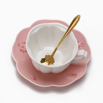 

Cute Japanese Ceramic Coffee Cup Pink Minimalist with Spoon Home Afternoon Tea Cups Office Creative Cup and Saucer Set MM60BYD