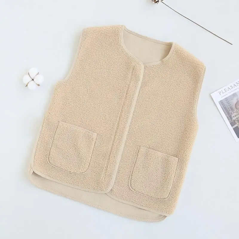 Vest Jacket New Women Solid Short Loose Lambs Plush Vest Women's Fall Winter Korean Style Sleeveless Female Coats Warm Waistcoat 3