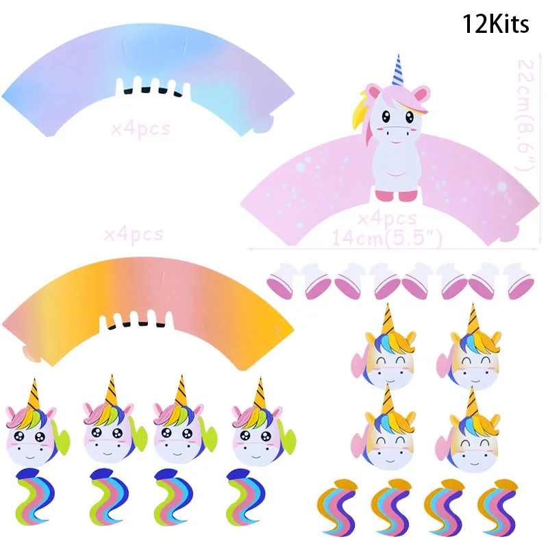 WEIGAO Единорог на день рождения декорации фоторамка реквизит Единорог шар чашки тарелки салфетки Дети День рождения Единорог вечерние принадлежности - Цвет: 12kits wrappers-B