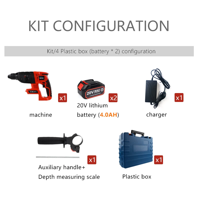 WOSAI 40 в электрический молоток бесщеточный Беспроводной литий-ионный молоток дрель Электрический перфоратор Ударный Молоток с светодиодный светильник - Цвет: Kit 4