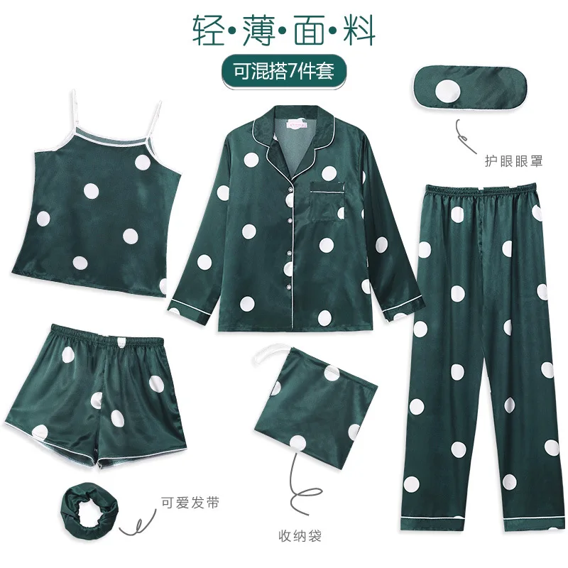 

2020 Spring And Summer Autumn New Elegant Dotted Imitated Silk Fabric WOMEN'S Pajama Suit Fold-down Collar Polka Dot Home Wear S