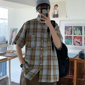 

2020 Summer New Youth Popular Japanese Men's Loose Color Grid Five-point Sleeve Shirt Fashion Casual Wild Shirt Jacket M-XL