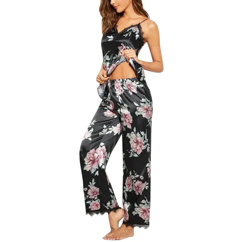 B L Women Floral Pjamas Sets Female Tank Tops+Long Pants Satin Sexy Sleepwear Outfits Nightwear Clothes - Цвет: B L