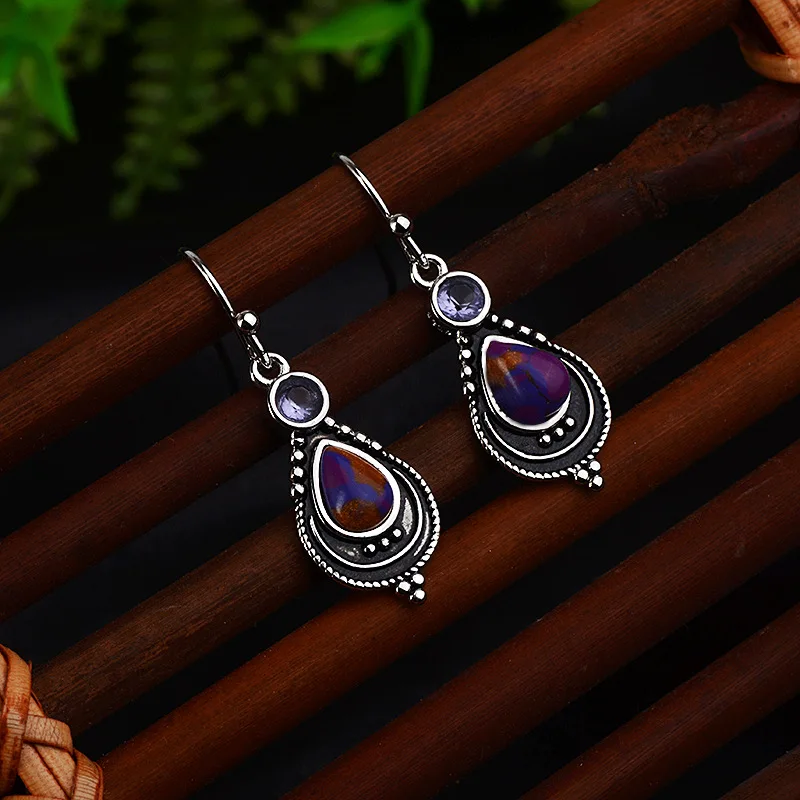 Ретро тайский серебряный Чароит серьги женские модные фиолетовый драгоценный камень кулон Parrings 925 Серебряные висячие серьги