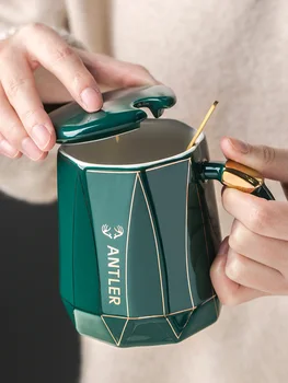 

EWAYS Nordic Simple ceramics Mark Cup INS Women's Creative Office Couple Coffee Cups Home Water Mug With Cover Spoon