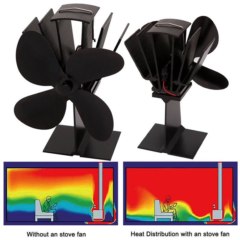 

4 Blade Heater Eco Fan Stove Fireplace Fire Heat Powered Circulating Fuel Saving