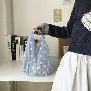 

High Quality Women Bag Spring Transparent Tote Mesh Cloth Bag Daisy Embroidery Handbag Fruit Bag Purse For Girls 20#8