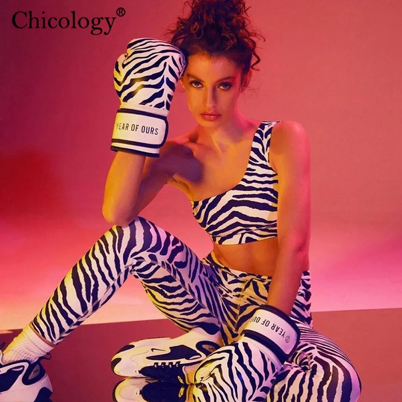 

Chicology one shoulder zebra stripe crop tank top long pants 2 two piece matching set 2019 summer autumn women sexy club clothes