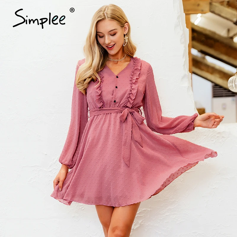 Simplee Элегантное открытое женское платье с длинным рукавом рюшами на пуговицах