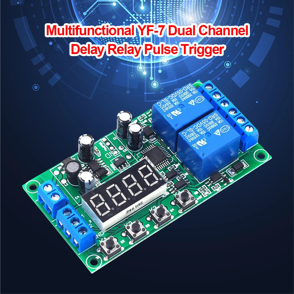 Yf-7 Multifunctional Dual Channel Delay Relay Module Board Pulse Trigger Cycle Timer 0.01s-999m Delay Time Adjustable 7-30v Dc