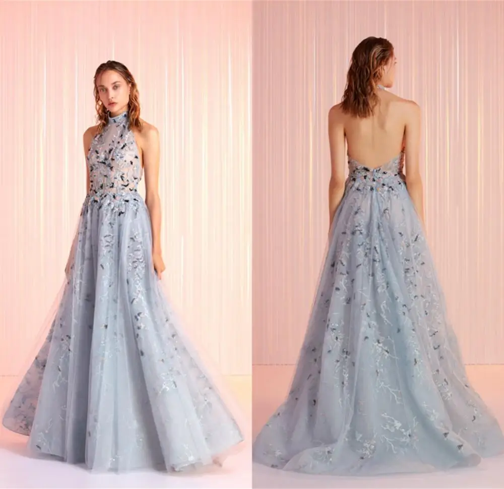 

Elegant Lace Evening Dresses Halter Neck Appliques Prom Gowns 2020 Custom Made Open Back Sweep Train Special Occasion Dress