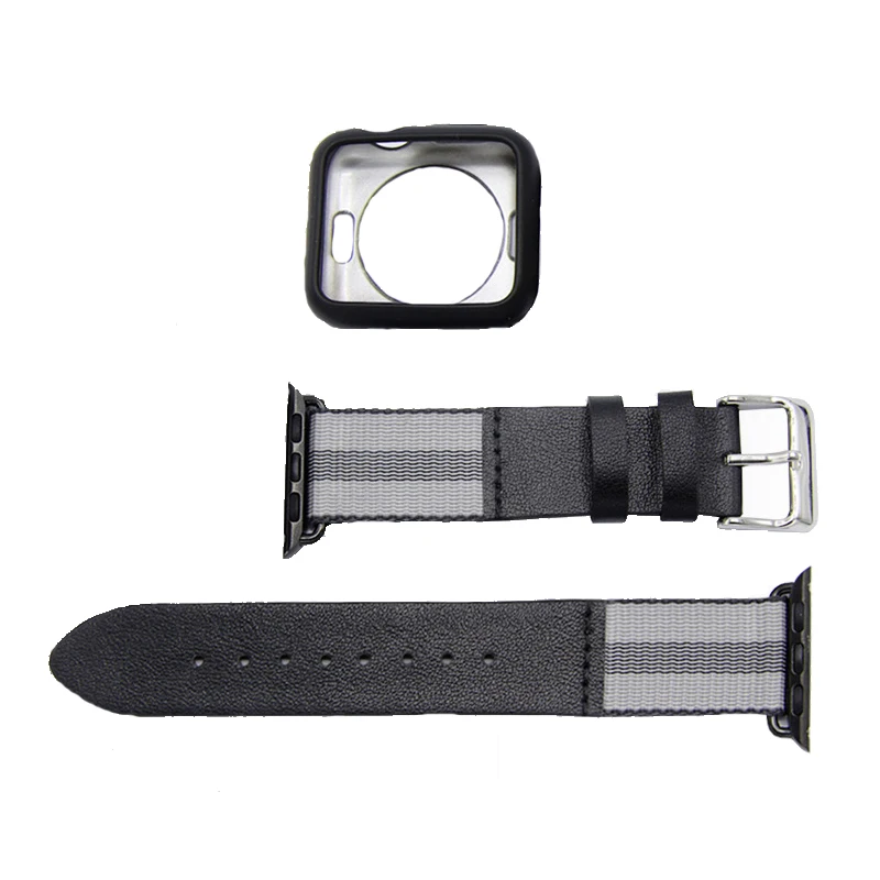 Black light gray Leather watch Strap+ Protective Case Suit For apple watch series 3 2 1 band case 42mm 38mm Ultra Thin case Protector for iWatch - Цвет: Black light gray