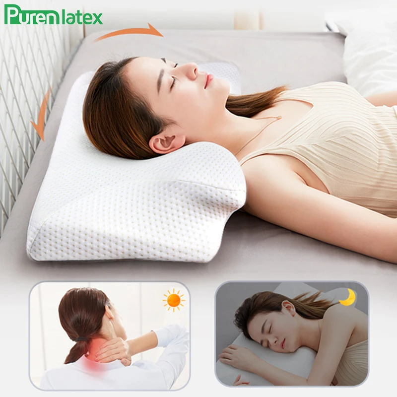 Purenlatex 13cm Contour Memory Foam Cervical Pillow Orthopedic Neck Pain Pillow for Side Back Stomach Sleeper White Case Pillows