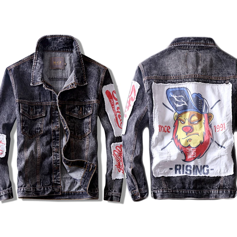 

Men's Clothing Denim Jackets Autumn New Black Denim Jacket Hip Hop Trend Printing Patch Clothes