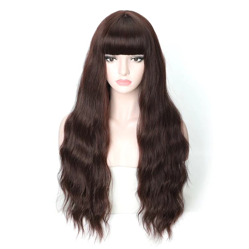Dark Brown Lanyi длинный синтетический парик с челкой волнистые волосы парик высокой плотности натуральный головной убор Жаростойкие волосы парики для женщин - Цвет: Dark Brown