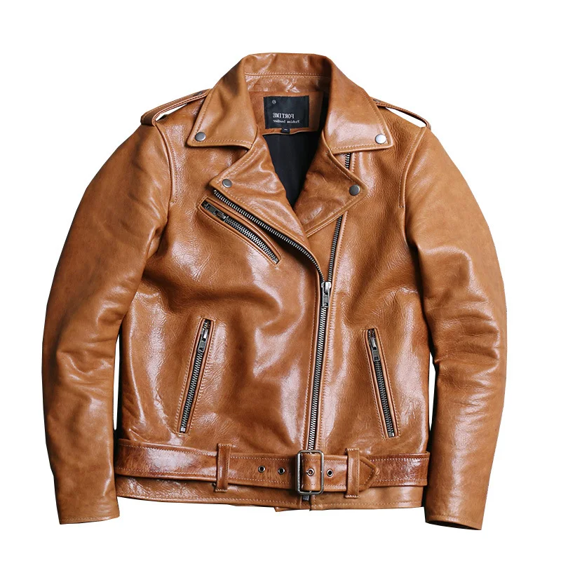 

2020 Light Brown Men Slim Fit Biker's Jacket Large Size XXXXL Genuine Sheepskin Autumn American Style Leather Coat