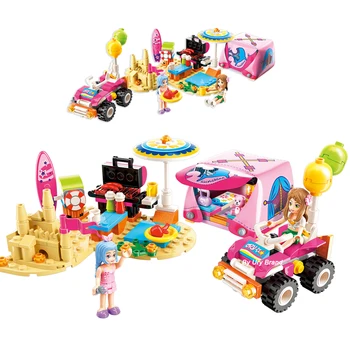 

Qman 2018 Fit Friends Princess Beach Sunshine Champing Set with Tent Car Figures DIY Educational Building Blocks Toy for Girls