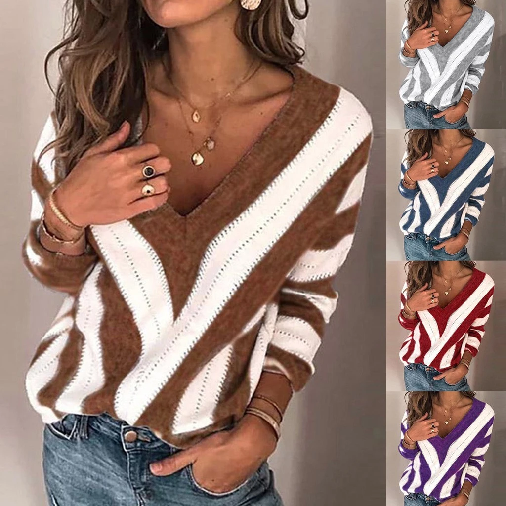 JAYCOSIA Striped Print V-neck Knitted Sweater Women Plus Size Tops Pullover Warm Autumn Winter Loose Sweaters Jumper 1016