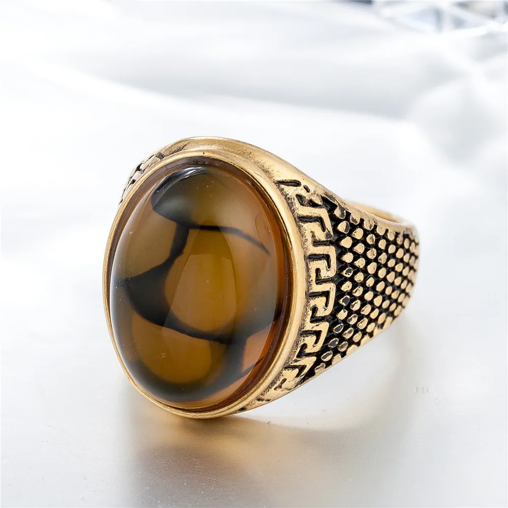Большие разноцветные драгоценные камни кольцо для мужчин Винтаж Королевский Средний Восток золотой, серебряный тон красный зеленый коричневый желтый камень ювелирный свадебный подарок - Цвет камня: tiger eye stone