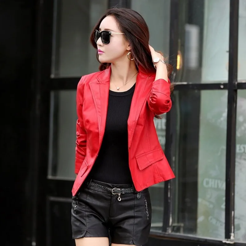 

Red Faux Leather Blazers Women Female Slim Fashionable Short Plus Size Blue Black PU Oversized Jacket Coat 5XL