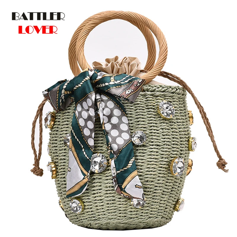 Bag Bohemian Leisure Straw Bag Bucket Knitting Shoulder Crossbody Beads Beach Bag Round Rattan Handmade Diamond Pearl Summer