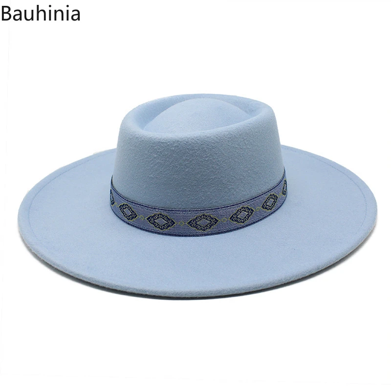Bauhinia Women Elegant Wool Jazz Fedora Hats Autumn Winter 9.5CM Wide Brim Trilby Derby Bowler Hat Panama Church Cap pink fedora
