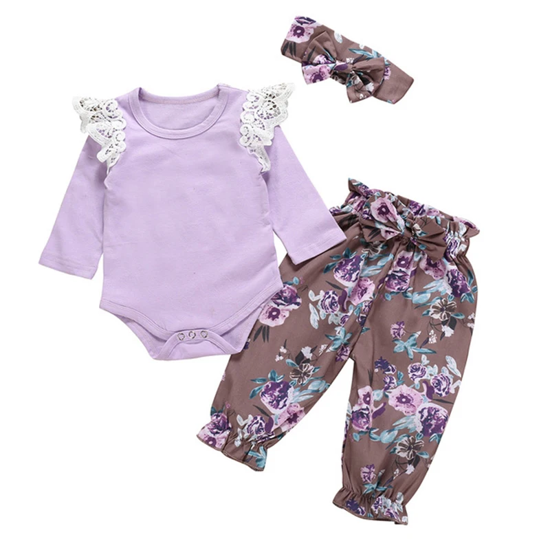 

3pcs Kid Baby Girls Clothing Long Sleeve Cloth Set Purple Floral Jumpsuit Romper + Pants + Headband Outfits Girl Clothes Sets