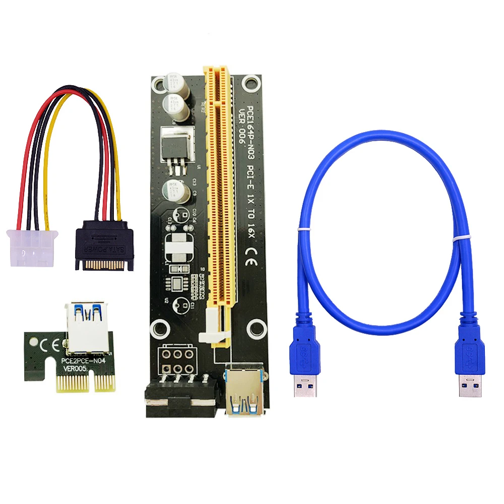 QINDIAN VER006 PCI-E Riser Card 006 PCIE 1X to 16X Extension Adapter 60CM USB 3.0 Cable SATA 4Pin Molex Power for Miner Mining