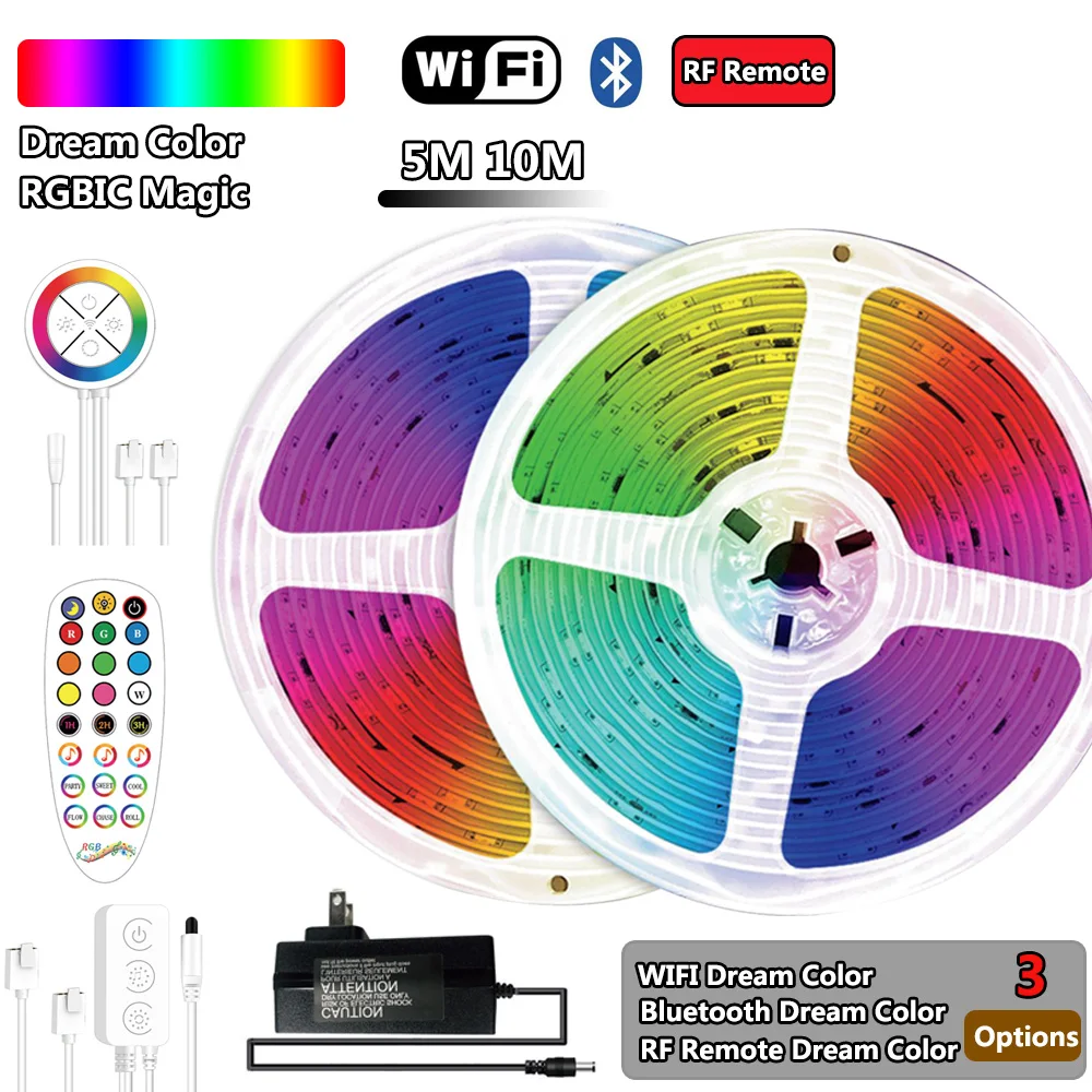 Revolving Rainbow RGBIC Addressable Dreamcolor Chasing Effect 5050 LED Strip Lights Wifi Bluetooth RF Remote Magic Fantasy Color