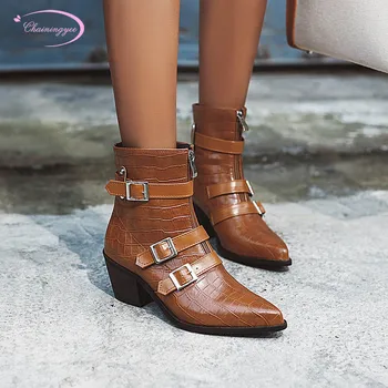 

Street sexy pointed toe ankle boots buckle strap zipper plaid black brown high heels chunky motorcycle boots women's shoes