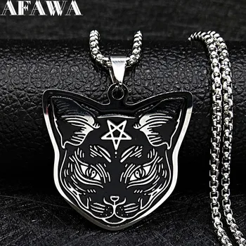 2021 de moda brujería pentagrama gato collar de acero inoxidable cadena de las mujeres de Color negro collar de la joyería cadenas mujer N4080S02