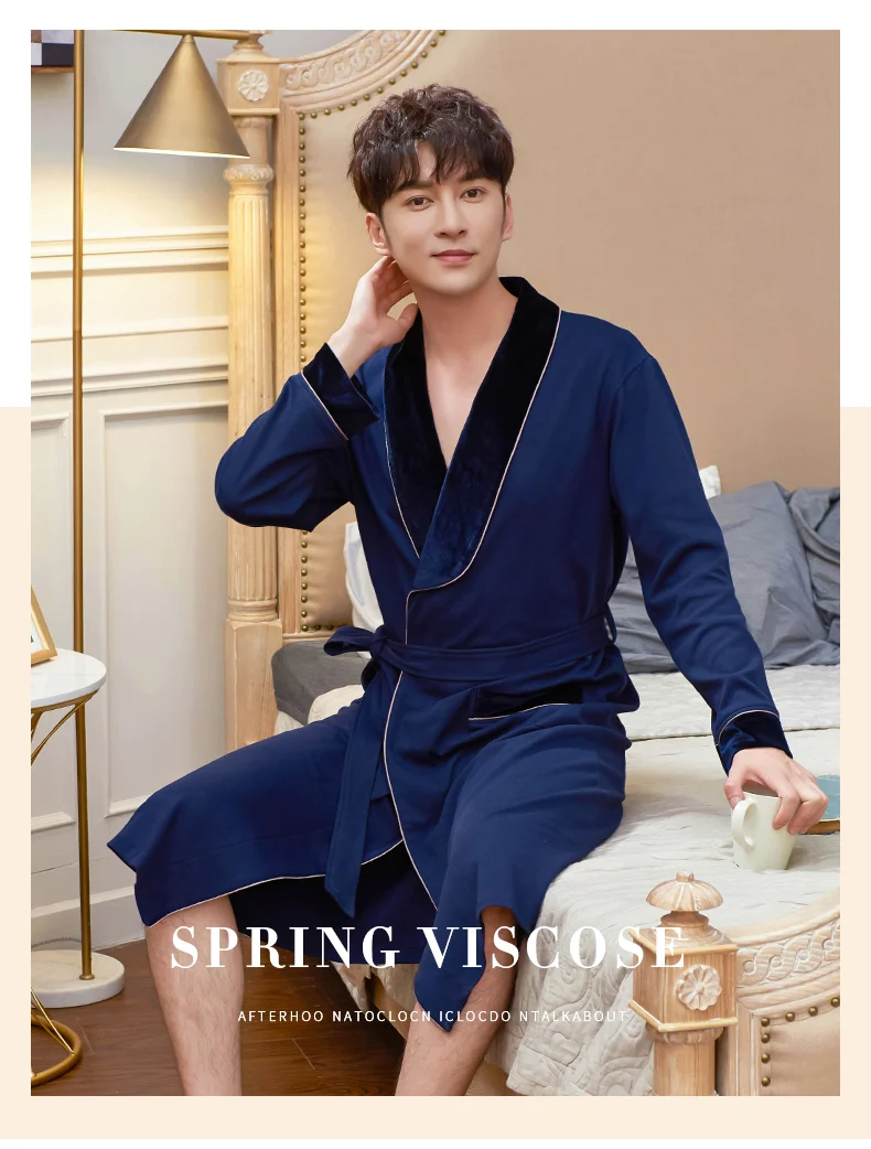 Халат мужской ночная рубашка с длинным рукавос минималистичный стиль бархатный воротник манжеты хлопок ткань банный халат Китайский королевский синий кимоно человек