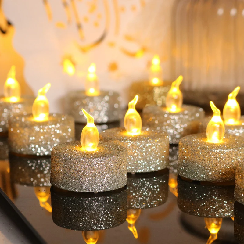 Bougies chauffe-plat LED sans flamme, 6 pièces, avec batterie, en forme de  pilier, en poudre dorée, décoration romantique pour mariage, fête  d'anniversaire - AliExpress