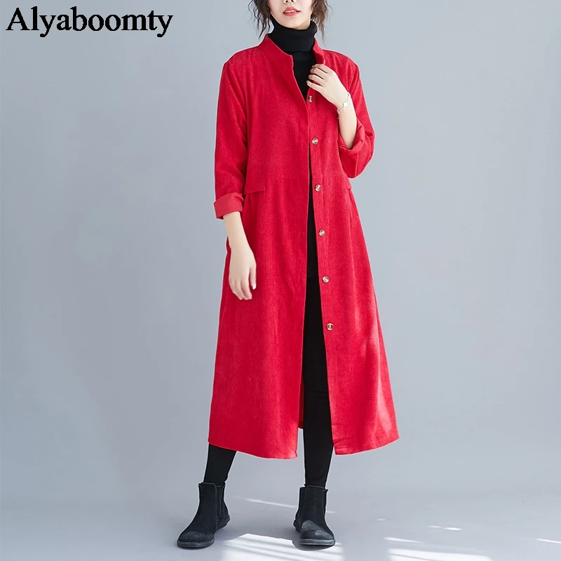 

New Mori Girl Autumn Spring Women Long Trench Coat Gray Brown Red Blue Loose Female Cardigan Elegant Corduroy Plus Size Overcoat