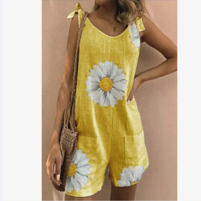 Mono de lino y algodón con estampado de Flor Retro para mujer, peto Sexy con botones, pantalones cortos holgados con bolsillos para verano