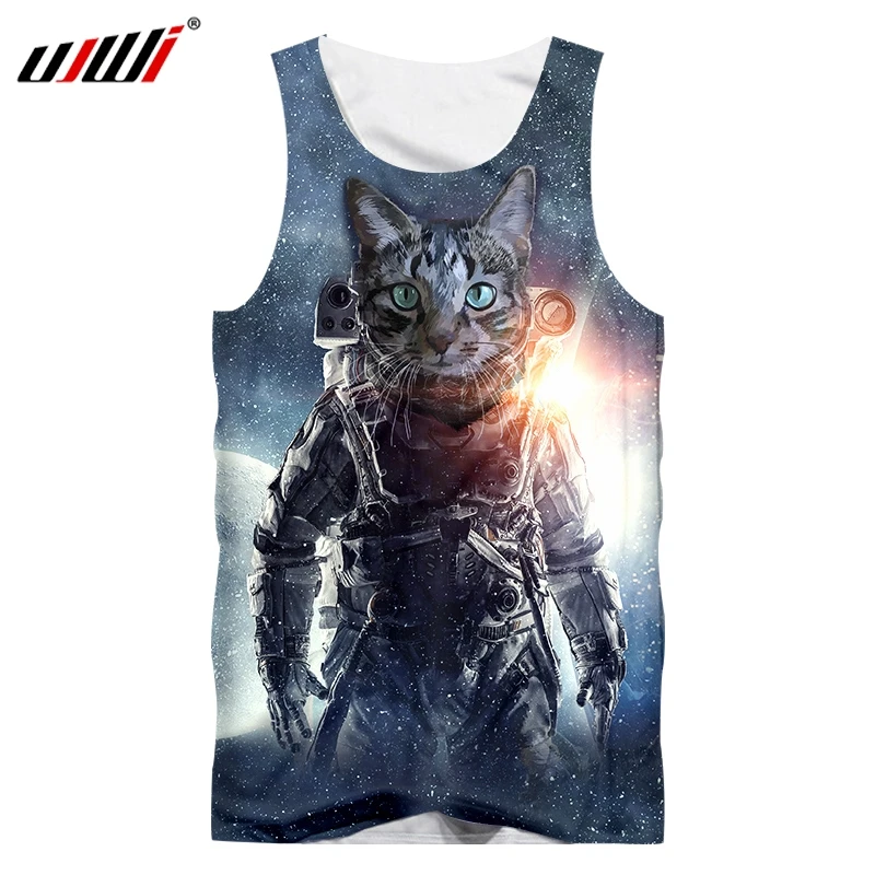 UJWI Men Vest Bodybuilding Funny 3D Printed Starry sky Astronaut cat Hip Hop Plus Size Costume Male Summer Sleeveless Shirt | Мужская