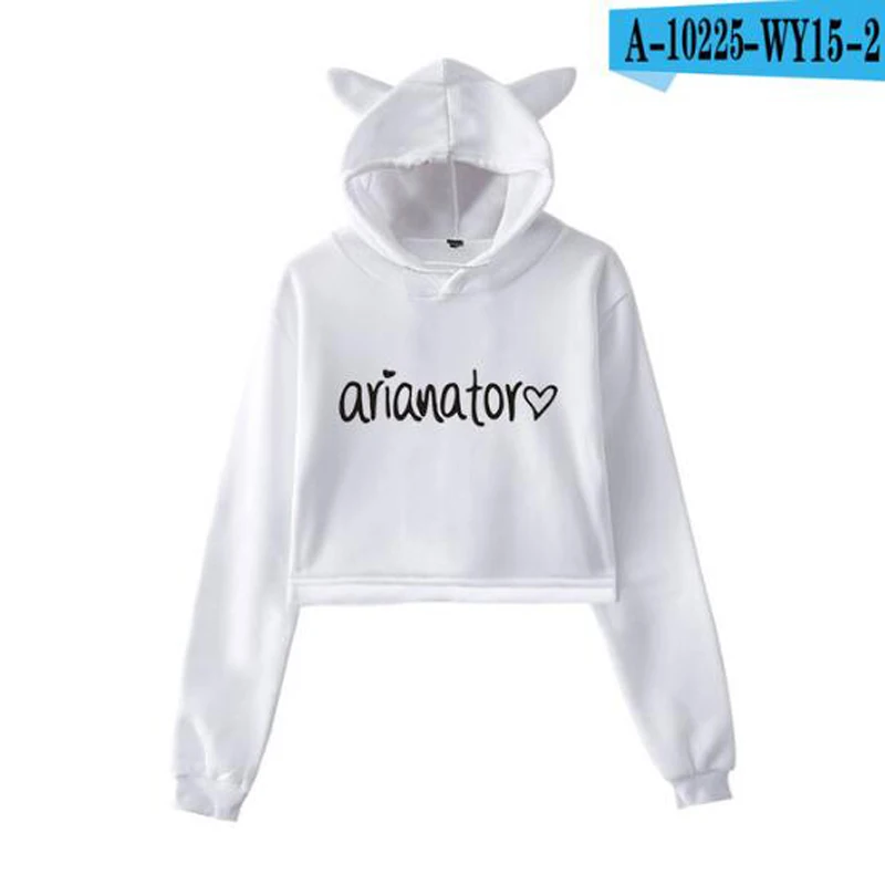 Harajuku Ariana Grande модный короткий свитшот с кошачьими ушками сексуальный пуловер с капюшоном Kpop женские топы пальто - Color: white